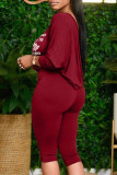 Burgundy Casual Print Split Joint Off the Shoulder Plus Size Two Pieces