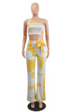 Yellow Fashion Casual Print With Bow Oblique Collar Sleeveless Two Pieces