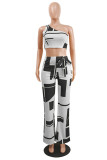 Grey Fashion Casual Print With Bow Oblique Collar Sleeveless Two Pieces