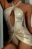 Gold Sexy Solid Patchwork Backless Fold Asymmetrical Swimwears
