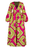 Rose Red Fashion Sweet Print Patchwork V Neck A Line Dresses