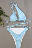 Blue Sexy Solid Patchwork Frenulum Swimwears