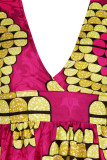 Rose Red Fashion Sweet Print Patchwork V Neck A Line Dresses
