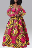 Rose Red Fashion Sweet Print Patchwork V Neck A Line Dresses