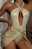 Gold Sexy Solid Patchwork Backless Fold Asymmetrical Swimwears