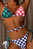 Red Green Sexy Plaid Print Patchwork Frenulum Swimwears