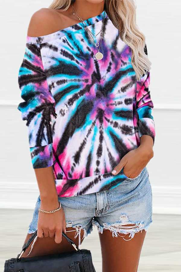 Multi-color Casual Print Patchwork One Shoulder Tops