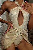 Gold Sexy Solid Patchwork Backless Fold Asymmetrical Swimwears