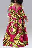 Rose Red Fashion Sweet Print Patchwork V Neck A Line Dresses