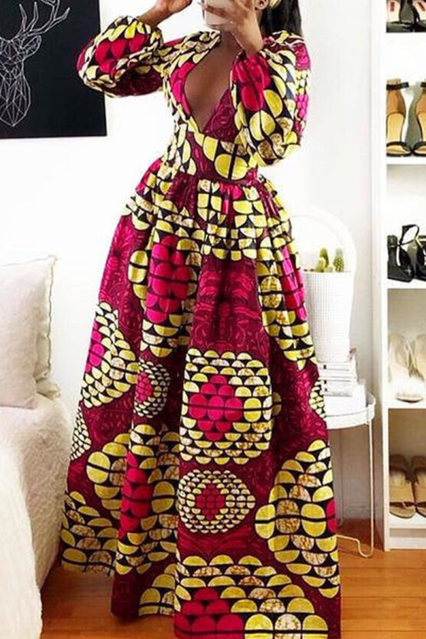 Rose Red Fashion Sweet Print Patchwork V Neck A Line Dresses