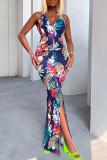 Burgundy Sexy Print Patchwork Slit Spaghetti Strap Sling Dress Dresses