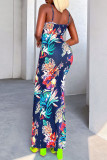 Burgundy Sexy Print Patchwork Slit Spaghetti Strap Sling Dress Dresses
