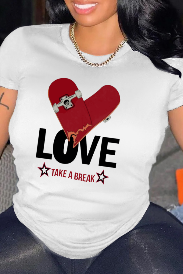 White Fashion Daily Print Patchwork Letter O Neck T-Shirts