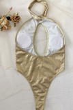 Gold Sexy Solid Patchwork Backless Fold Asymmetrical Swimwears