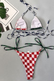 Red Green Sexy Plaid Print Patchwork Frenulum Swimwears