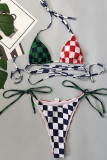 Red Green Sexy Plaid Print Patchwork Frenulum Swimwears