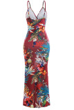 Burgundy Sexy Print Patchwork Slit Spaghetti Strap Sling Dress Dresses