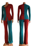 Red Blue Casual Solid Split Joint Slit U Neck Long Sleeve Two Pieces