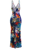 Burgundy Sexy Print Patchwork Slit Spaghetti Strap Sling Dress Dresses