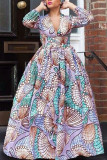 Rose Red Fashion Sweet Print Patchwork V Neck A Line Dresses