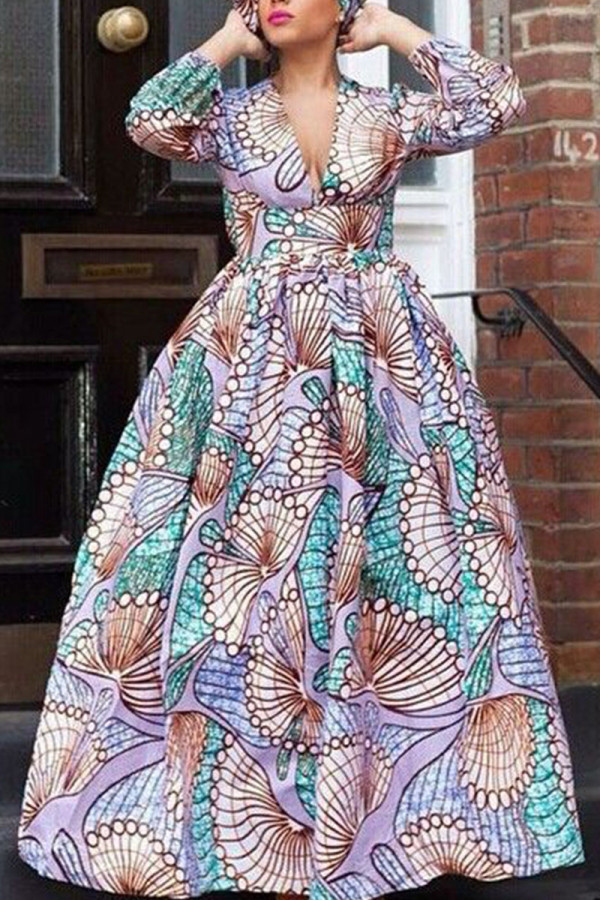 Blue Purple Fashion Sweet Print Patchwork V Neck A Line Dresses