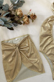 Gold Sexy Solid Patchwork Backless Fold Asymmetrical Swimwears