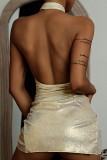 Gold Sexy Solid Patchwork Backless Fold Asymmetrical Swimwears