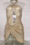 Gold Sexy Solid Patchwork Backless Fold Asymmetrical Swimwears