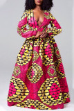 Rose Red Fashion Sweet Print Patchwork V Neck A Line Dresses