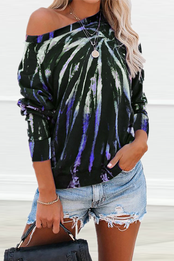 Blue Casual Print Patchwork One Shoulder Tops