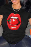 Black Fashion Street Lips Printed Patchwork O Neck T-Shirts