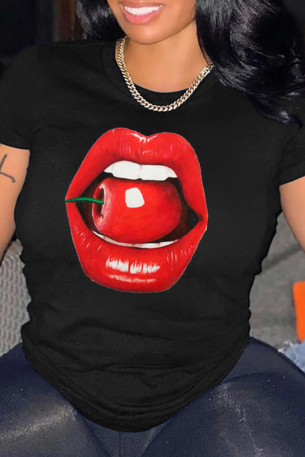 Black Fashion Street Lips Printed Patchwork O Neck T-Shirts