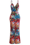 Burgundy Sexy Print Patchwork Slit Spaghetti Strap Sling Dress Dresses