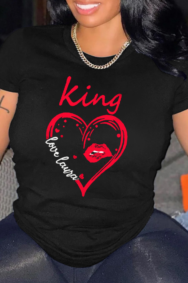 Black Fashion Casual Lips Printed Patchwork Letter O Neck T-Shirts