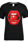 Black Fashion Street Lips Printed Patchwork O Neck T-Shirts