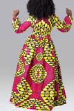 Rose Red Fashion Sweet Print Patchwork V Neck A Line Dresses