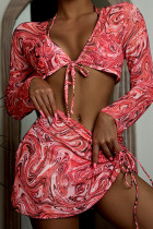Red Sexy Print Split Joint Fold Swimwears