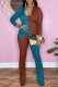 Red Blue Casual Solid Patchwork Slit U Neck Long Sleeve Two Pieces