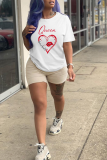 White Fashion Casual Lips Printed Patchwork Letter O Neck T-Shirts