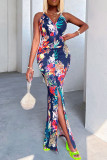 Burgundy Sexy Print Patchwork Slit Spaghetti Strap Sling Dress Dresses