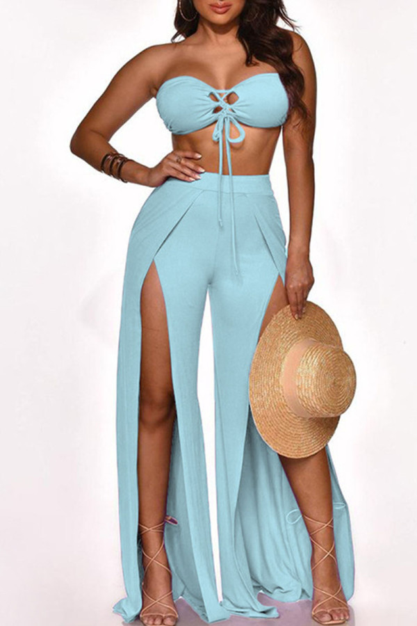 Light Blue Sexy Solid Patchwork Slit Off the Shoulder Sleeveless Two Pieces