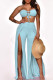 Light Blue Sexy Solid Patchwork Slit Off the Shoulder Sleeveless Two Pieces