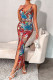Burgundy Sexy Print Patchwork Slit Spaghetti Strap Sling Dress Dresses