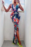 Burgundy Sexy Print Patchwork Slit Spaghetti Strap Sling Dress Dresses