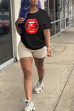 Black Fashion Street Lips Printed Patchwork O Neck T-Shirts