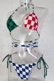 Red Green Sexy Plaid Print Patchwork Frenulum Swimwears