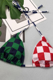 Red Green Sexy Plaid Print Patchwork Frenulum Swimwears