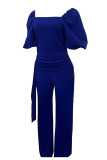 Dark Blue Casual Solid Patchwork Square Collar Straight Jumpsuits