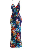 Burgundy Sexy Print Patchwork Slit Spaghetti Strap Sling Dress Dresses