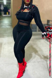 Black Solid Patchwork See-through Square Collar Skinny Jumpsuits
